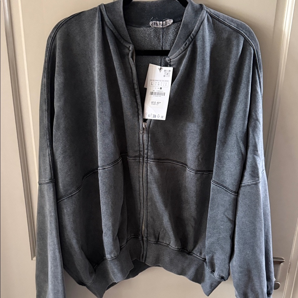 Zara Blue Gray Bomber Sweatshirt